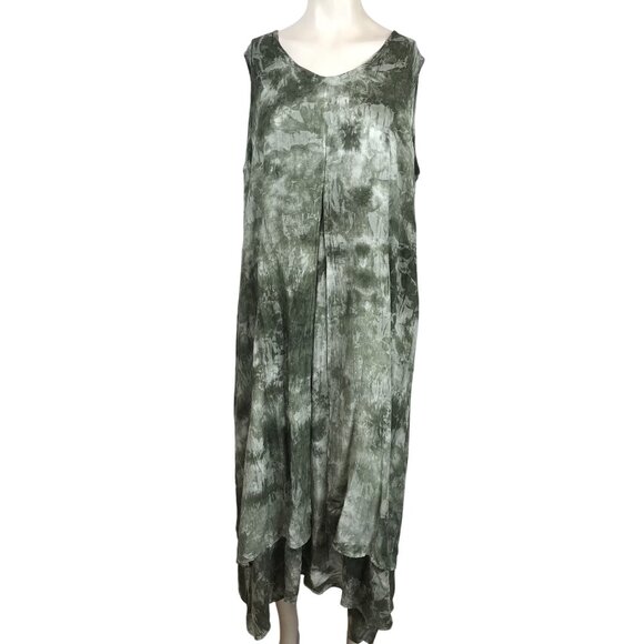 SAKKAS -WOMEN'S FREE SIZE - OLIVE V NECK RAYON SLIT IN FRONT TIE DYE DRESS - Picture 1 of 9